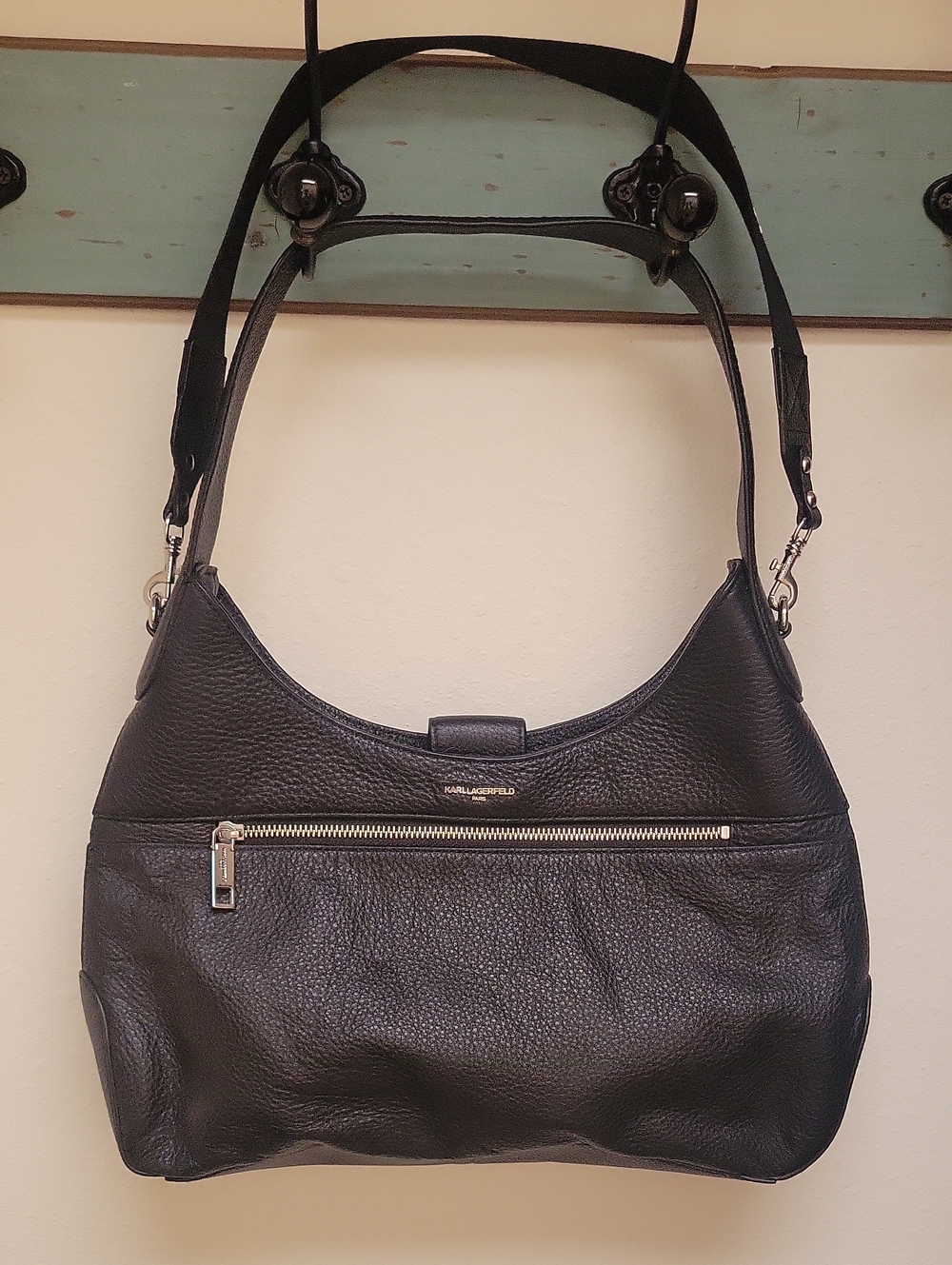 Karl Lagerfeld Black Pebbled Leather Shoulder Bag with Silver Hardware